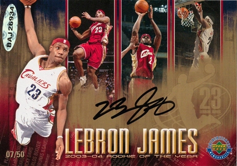 2003-04 LeBron James Signed "Rookie of the Year" Commemorative Card (#07/50) – (UDA)
